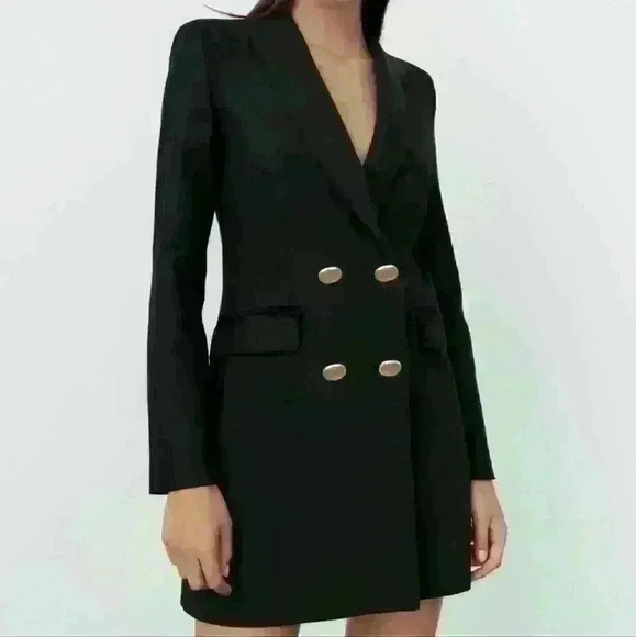 Zara black blazer dress with golden buttons double-breasted style size xs - Picture 3 of 16